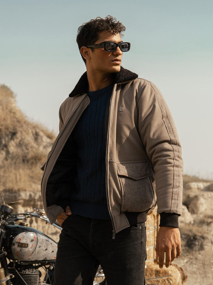 Vintage Khaki Sherpa Collar Aviator Jacket With Cashmere Pockets Brumano Pakistan
