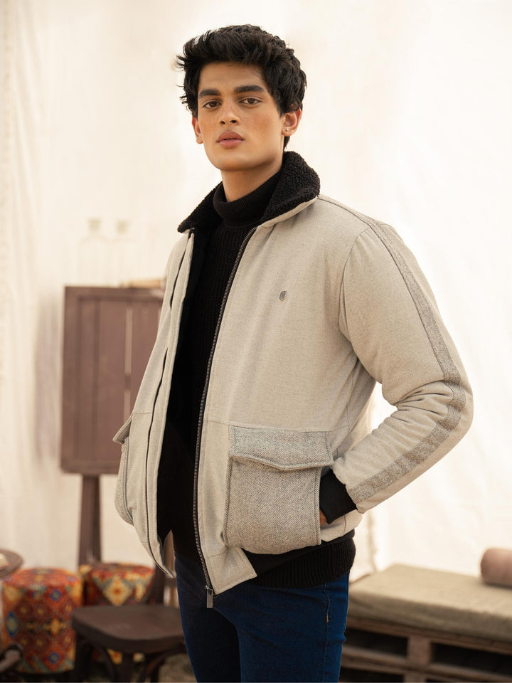 Grey Sherpa Collar Aviator Jacket With Cashmere Pockets