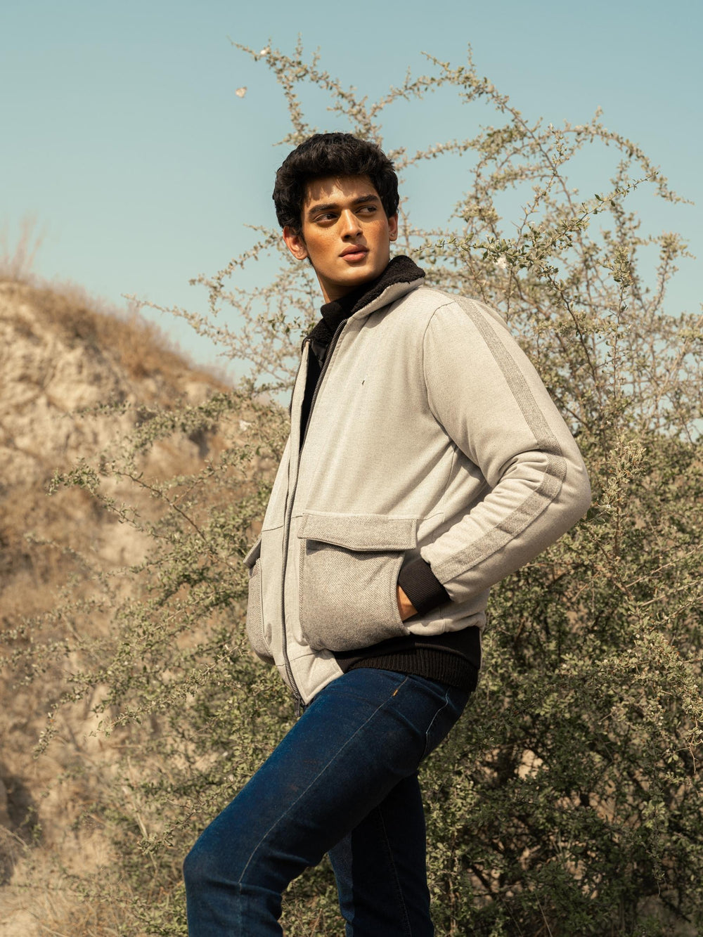 Grey Sherpa Collar Aviator Jacket With Cashmere Pockets