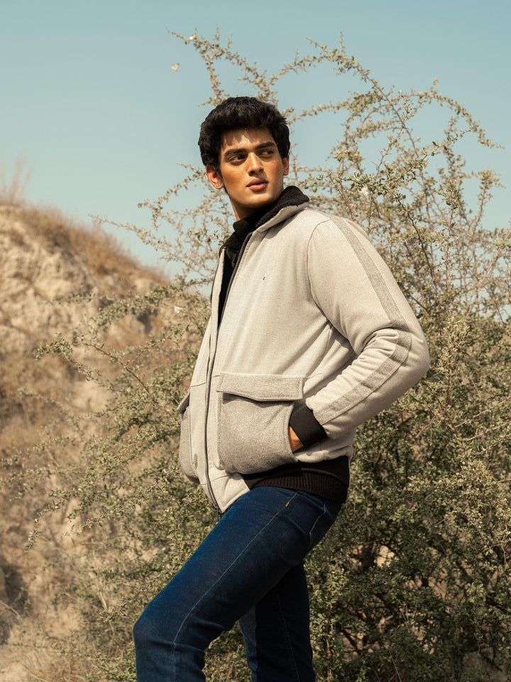 Grey Sherpa Collar Aviator Jacket With Cashmere Pockets