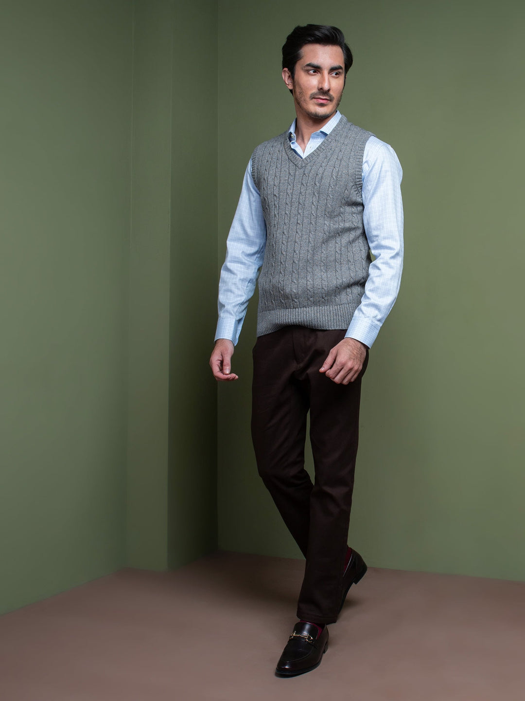 Anthracite Blue Sleeveless Cable Knitted Sweater Brumano Pakistan