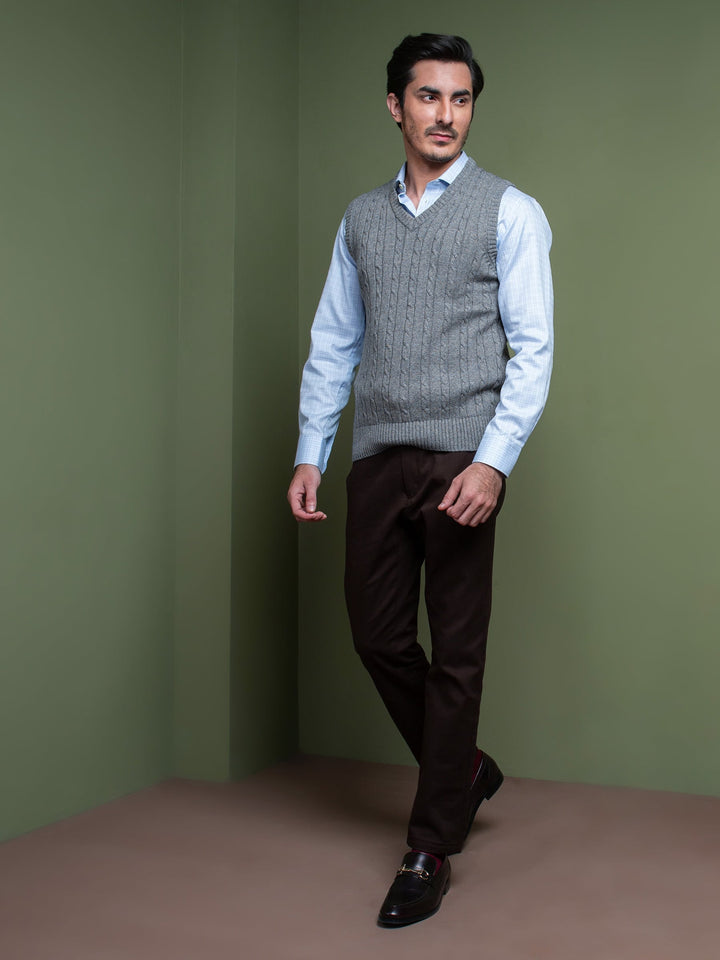 Anthracite Blue Sleeveless Cable Knitted Sweater Brumano Pakistan