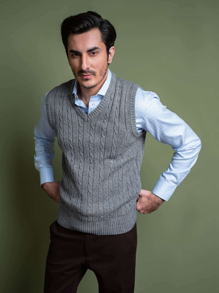 Anthracite Blue Sleeveless Cable Knitted Sweater Brumano Pakistan