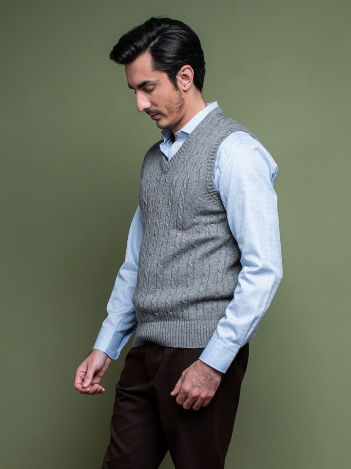 Anthracite Blue Sleeveless Cable Knitted Sweater Brumano Pakistan