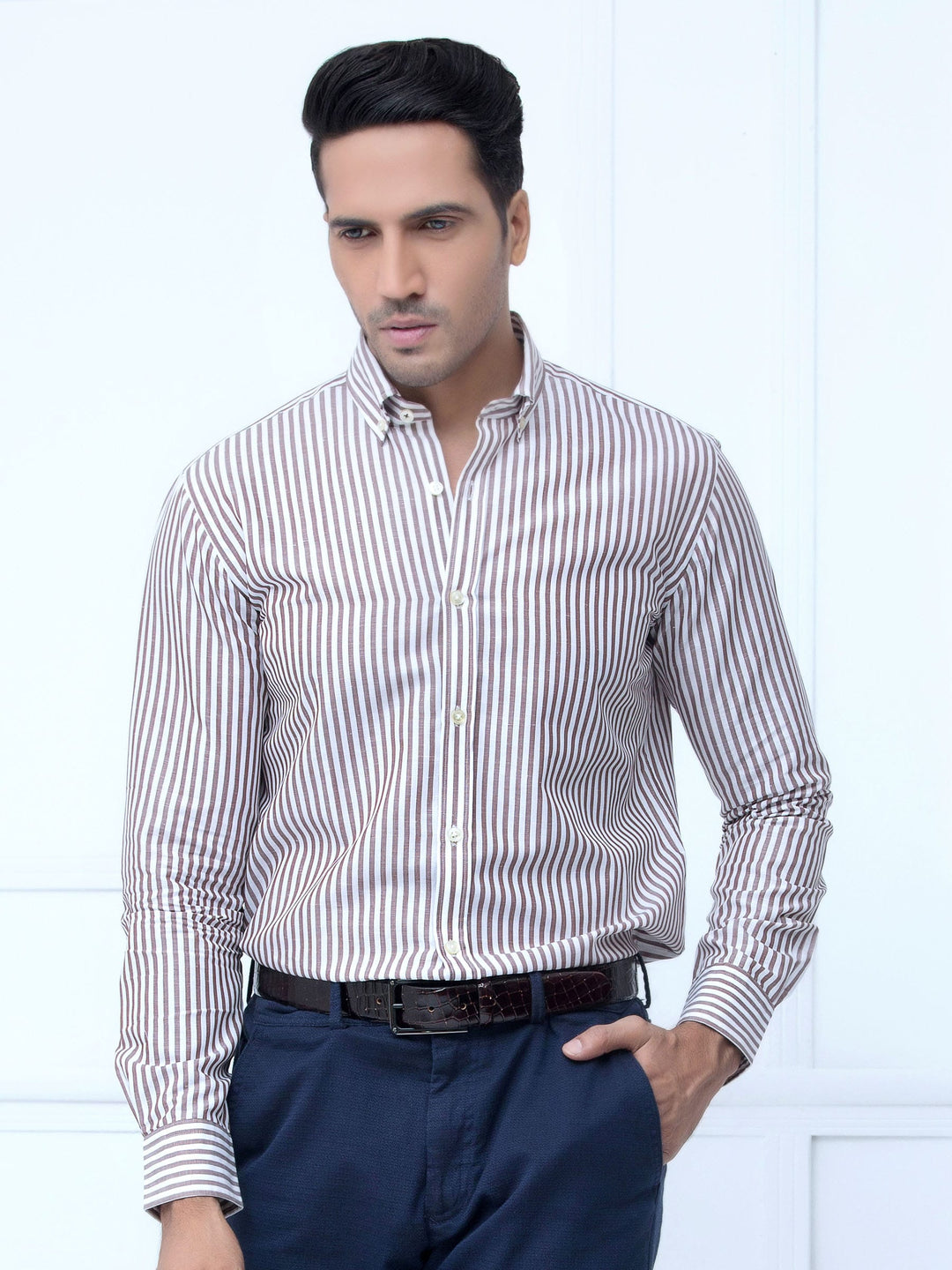 Brown Linen Bold Striped Shirt