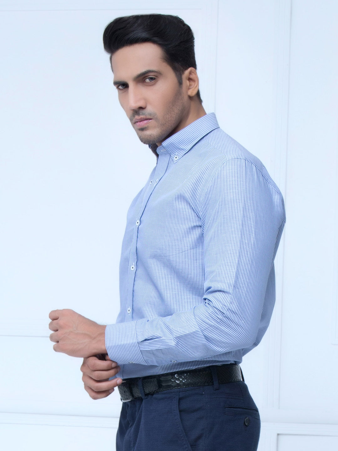 Blue Linen Pin Striped Shirt