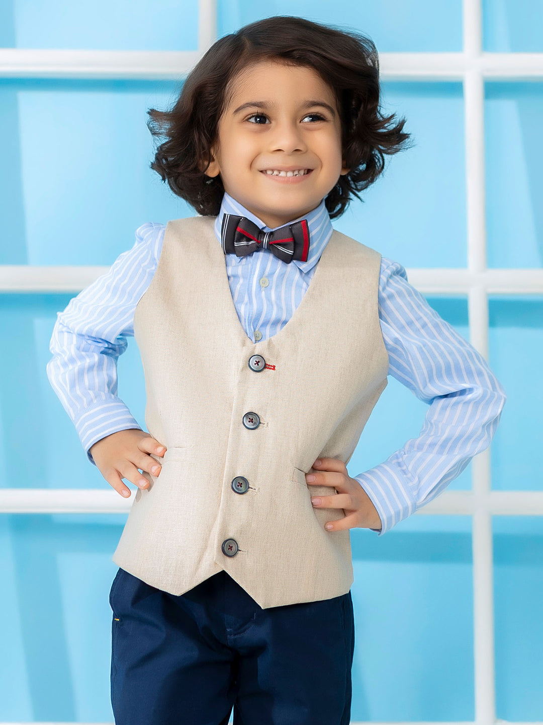 Beige linen textured suit vest with bow brumano pakistan