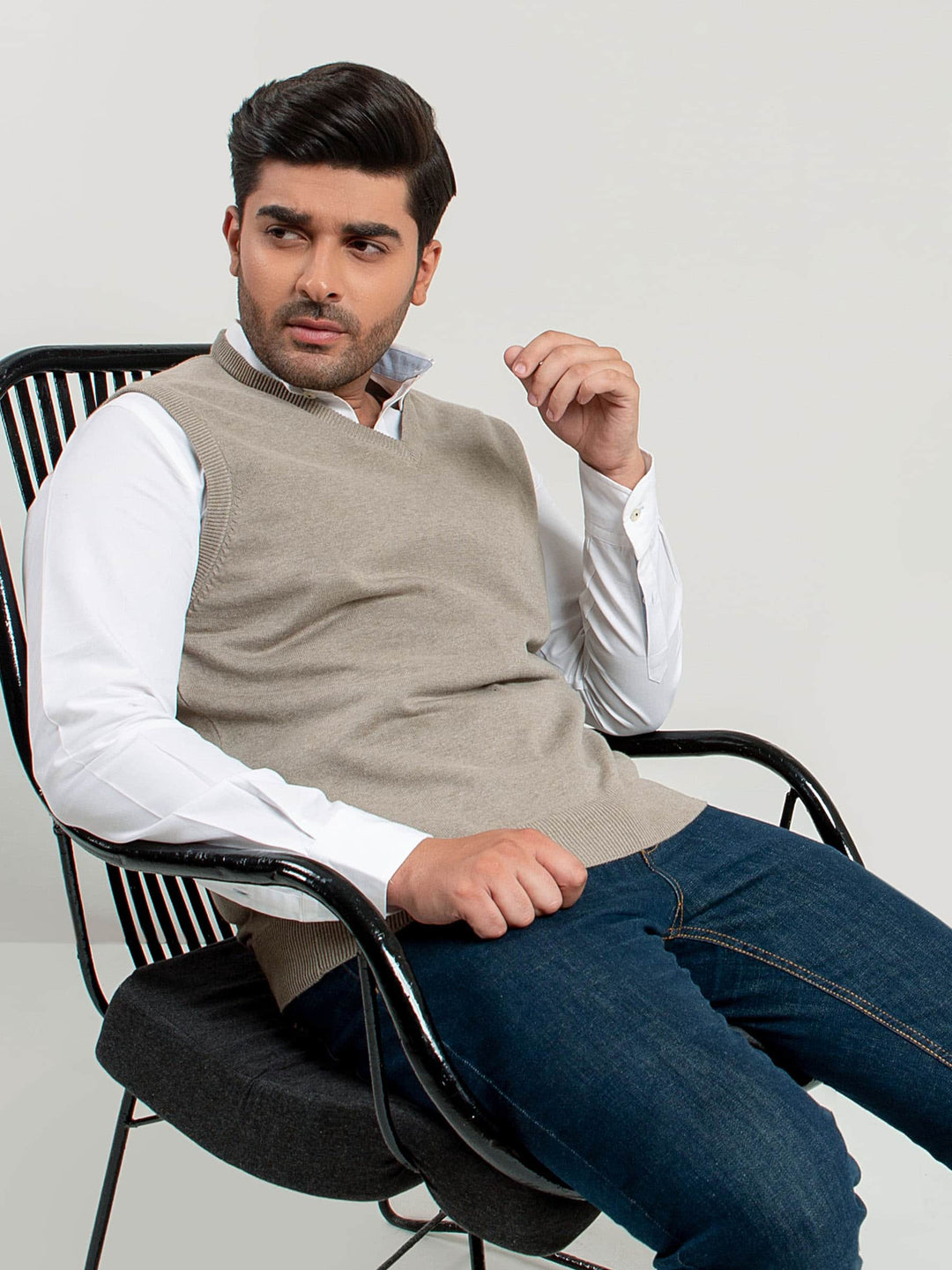 Beige Sleeveless V-Neck Sweater