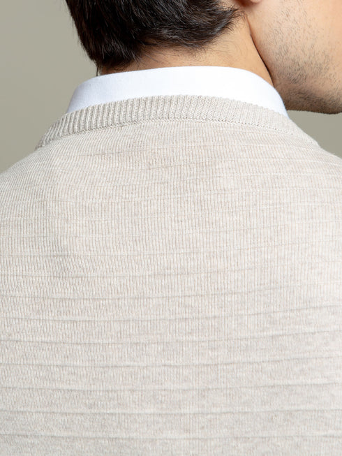 Beige Striped Crew Neck Jumper