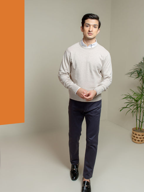 Beige Striped Crew Neck Jumper