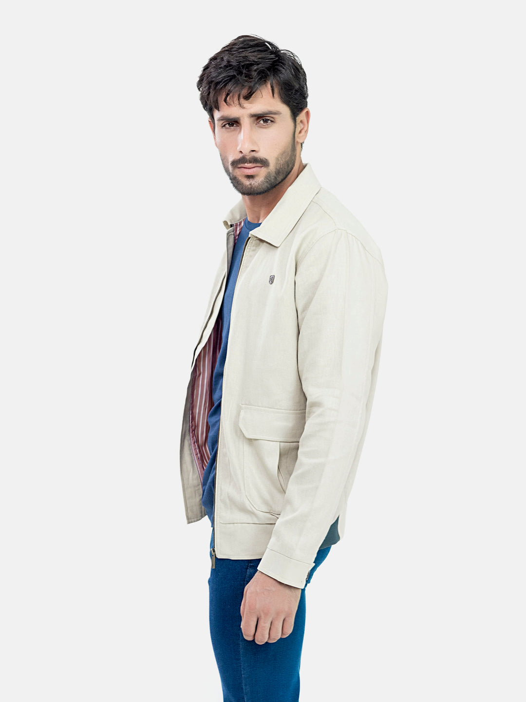 Beige 100% Linen Casual Collar Jacket Brumano Pakistan