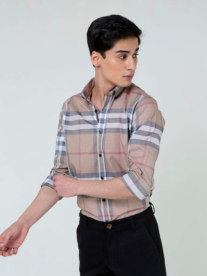 Beige Large Windowpane Checkered Shirt Brumano Pakistan