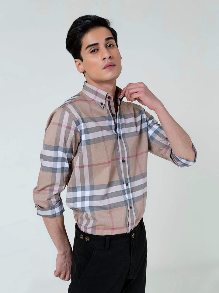 Beige Large Windowpane Checkered Shirt Brumano Pakistan