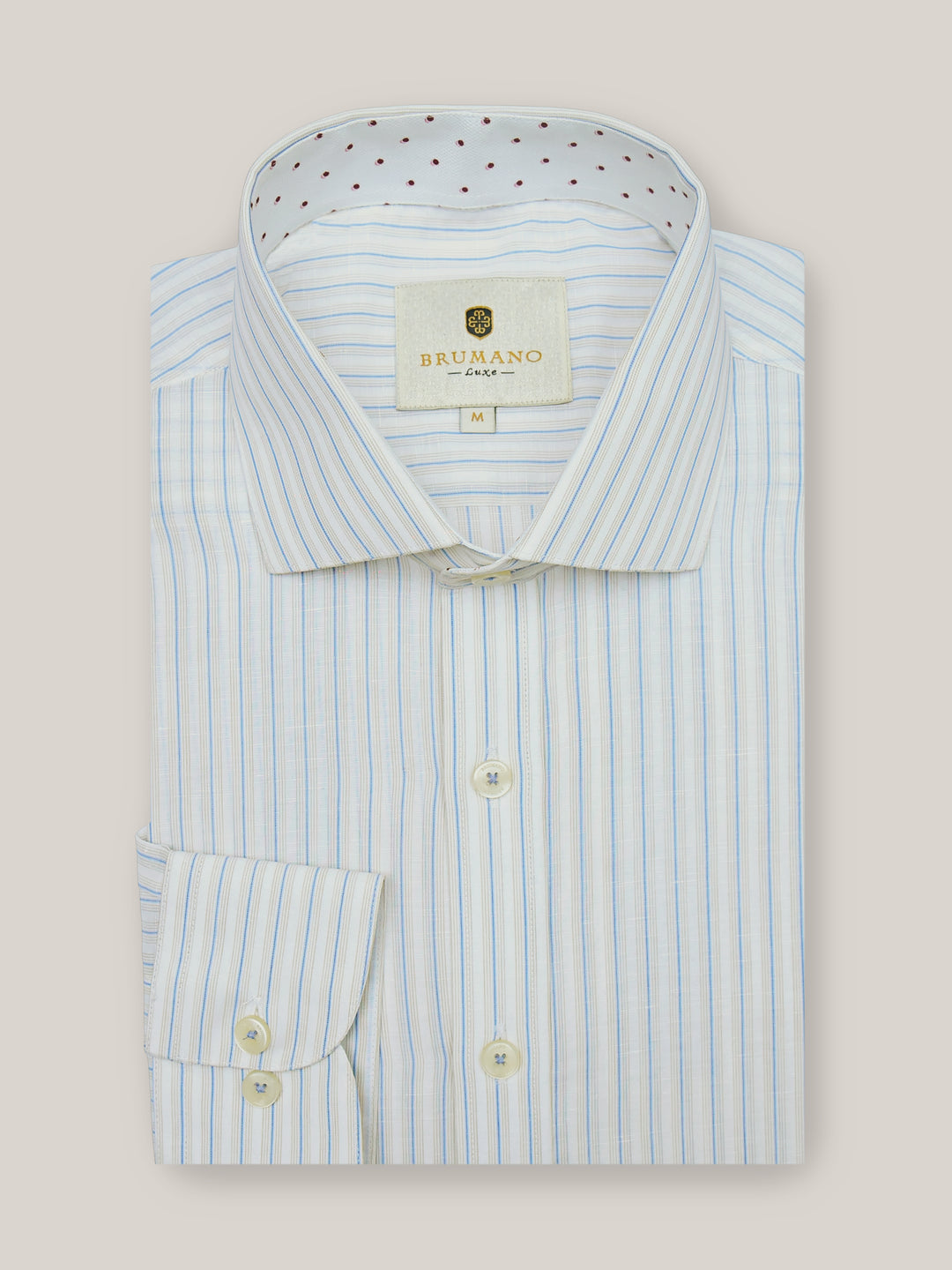 Beige & Blue Striped Cotton Linen Formal Shirt