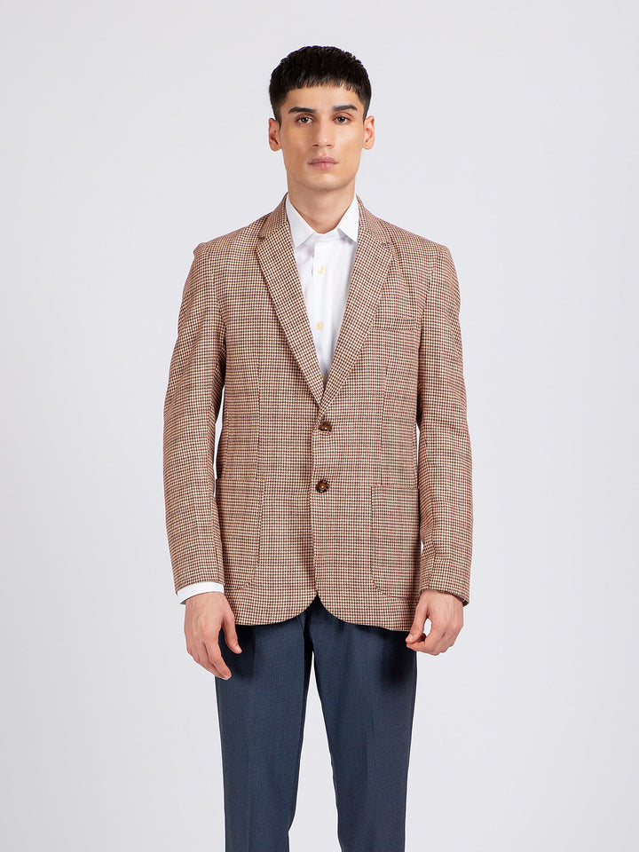 Beige & Maroon Houndstooth Wool Cashmere Blazer - Sartoria Brumano Pakistan