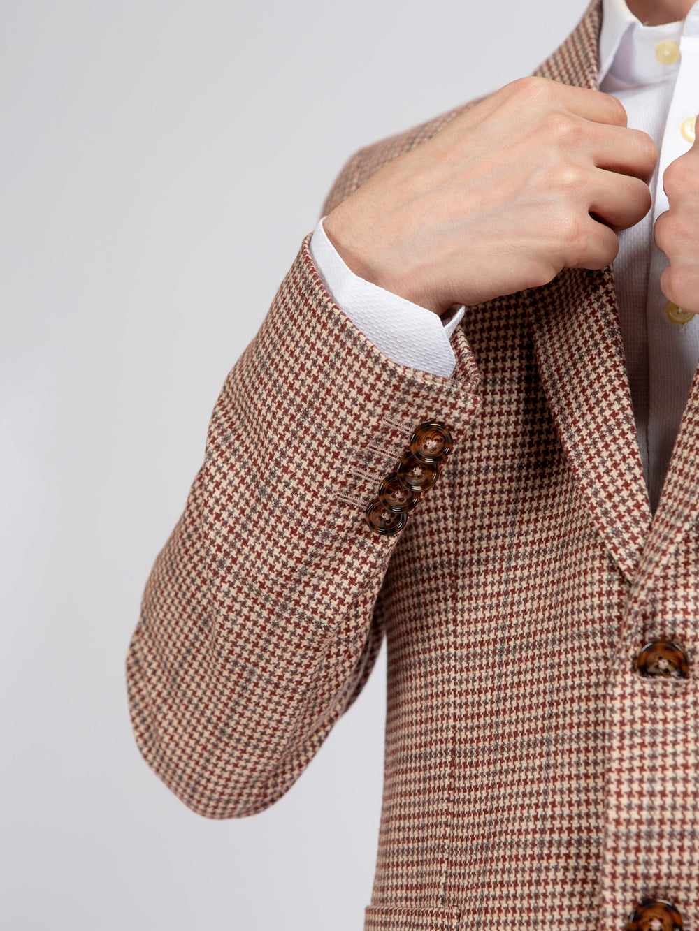 Beige & Maroon Houndstooth Wool Cashmere Blazer - Sartoria