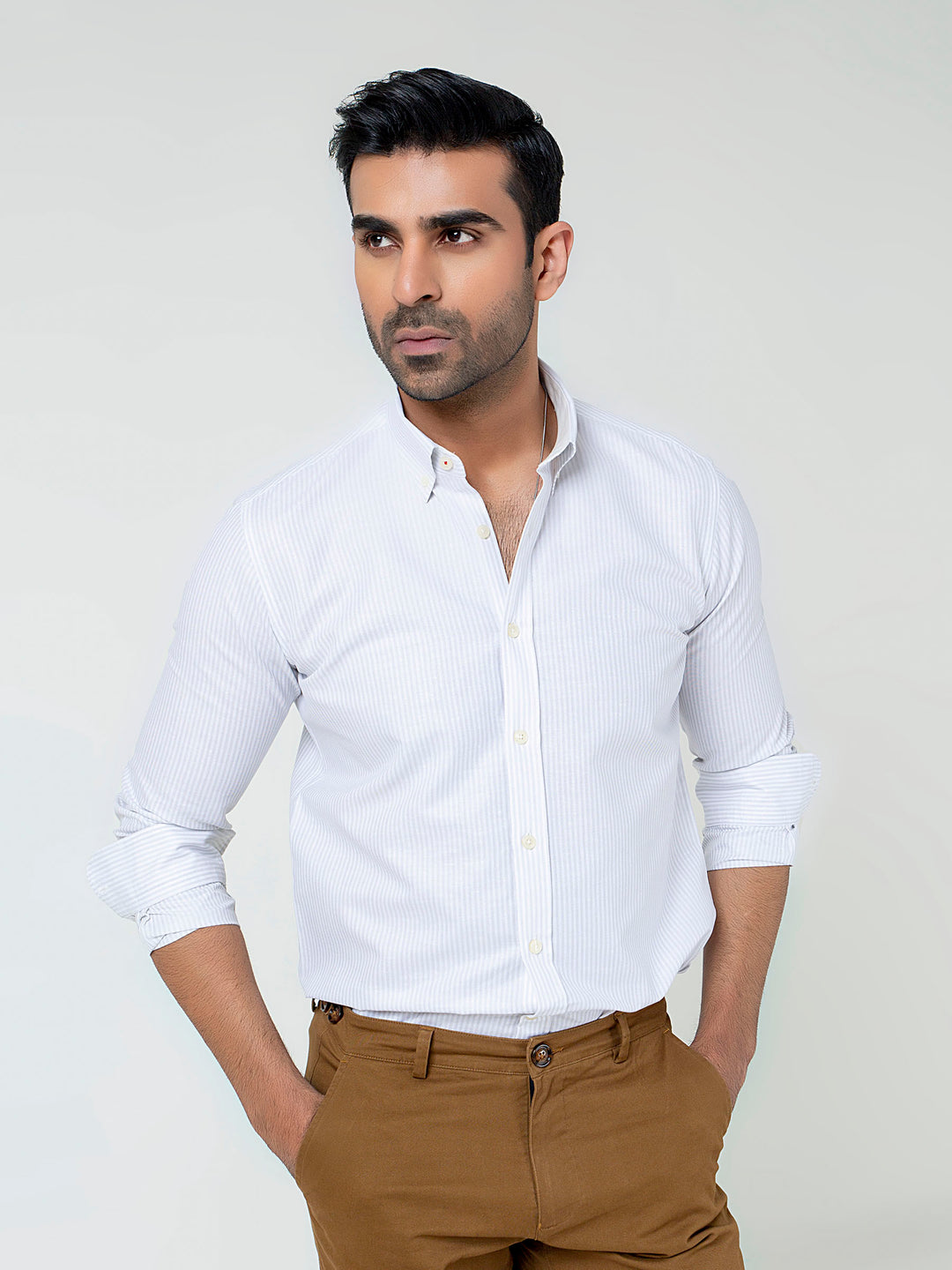 Beige & White Striped Cotton/Linen Shirt Brumano Pakistan