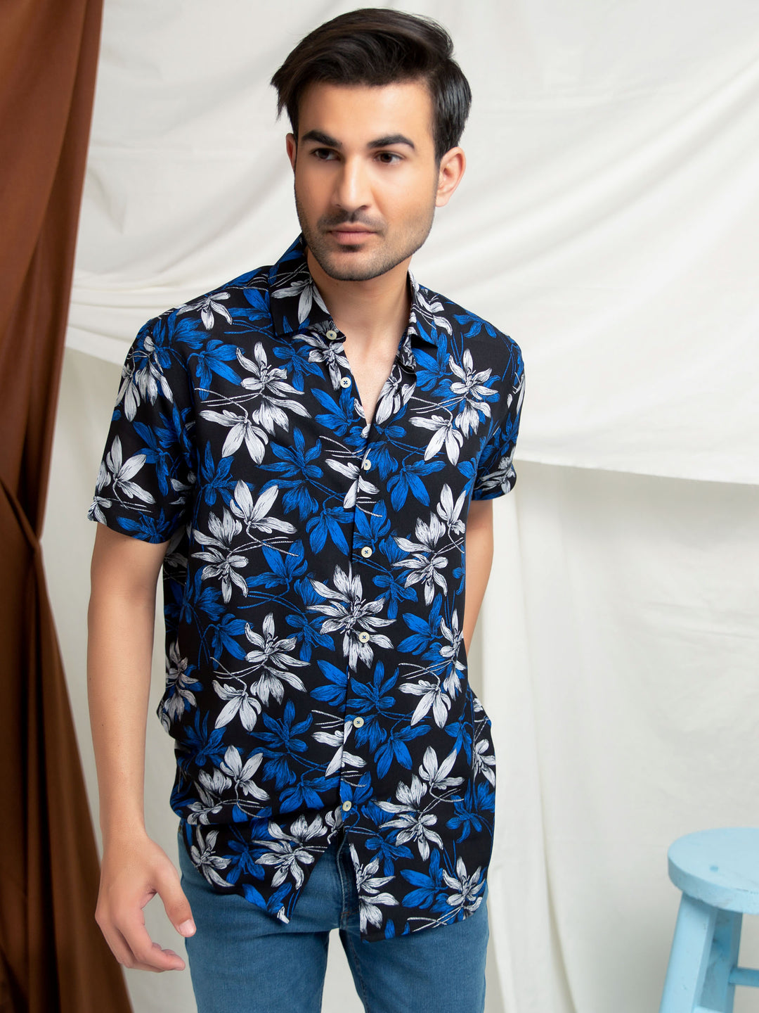 Black & Blue Viscose Printed Half Sleeve Shirt Brumano Pakistan