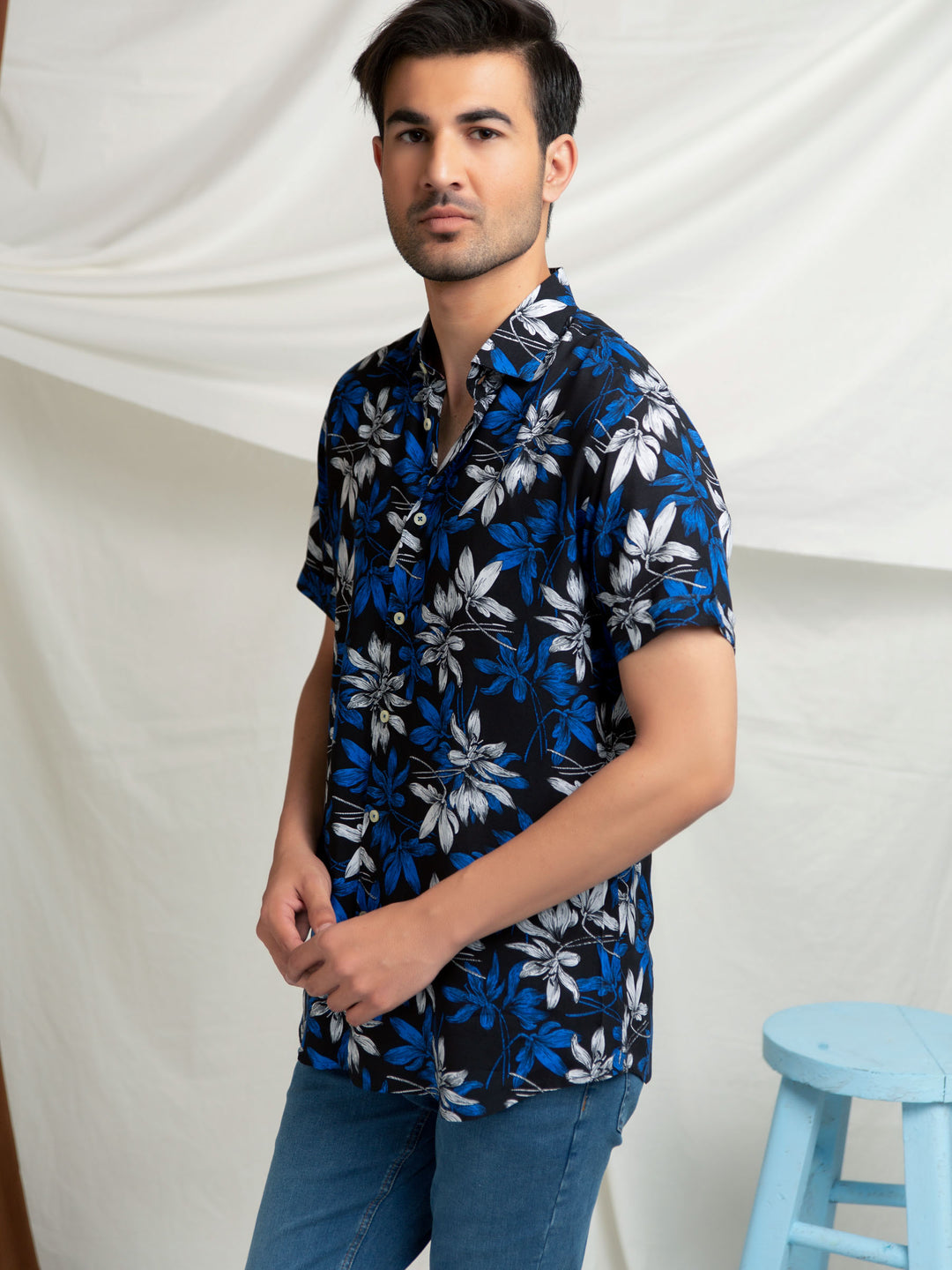 Black & Blue Viscose Printed Half Sleeve Shirt Brumano Pakistan