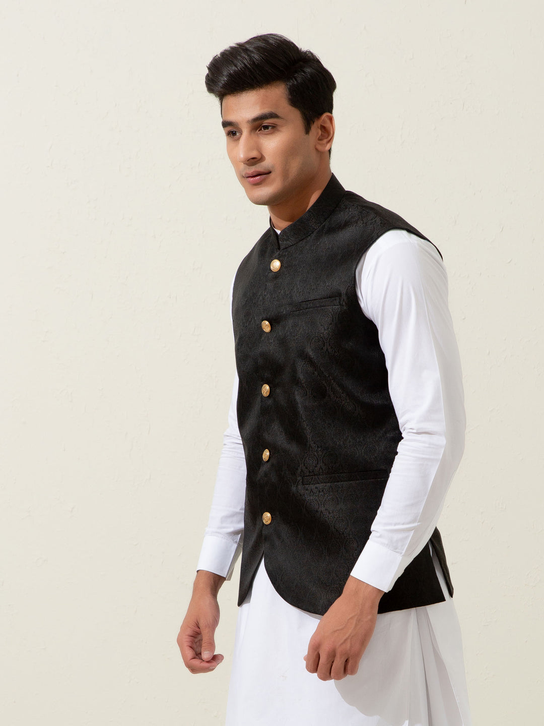 Black floral patterned waistcoat brumano pakistan