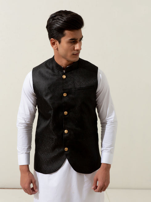 Black Floral Patterned Waistcoat Brumano Pakistan