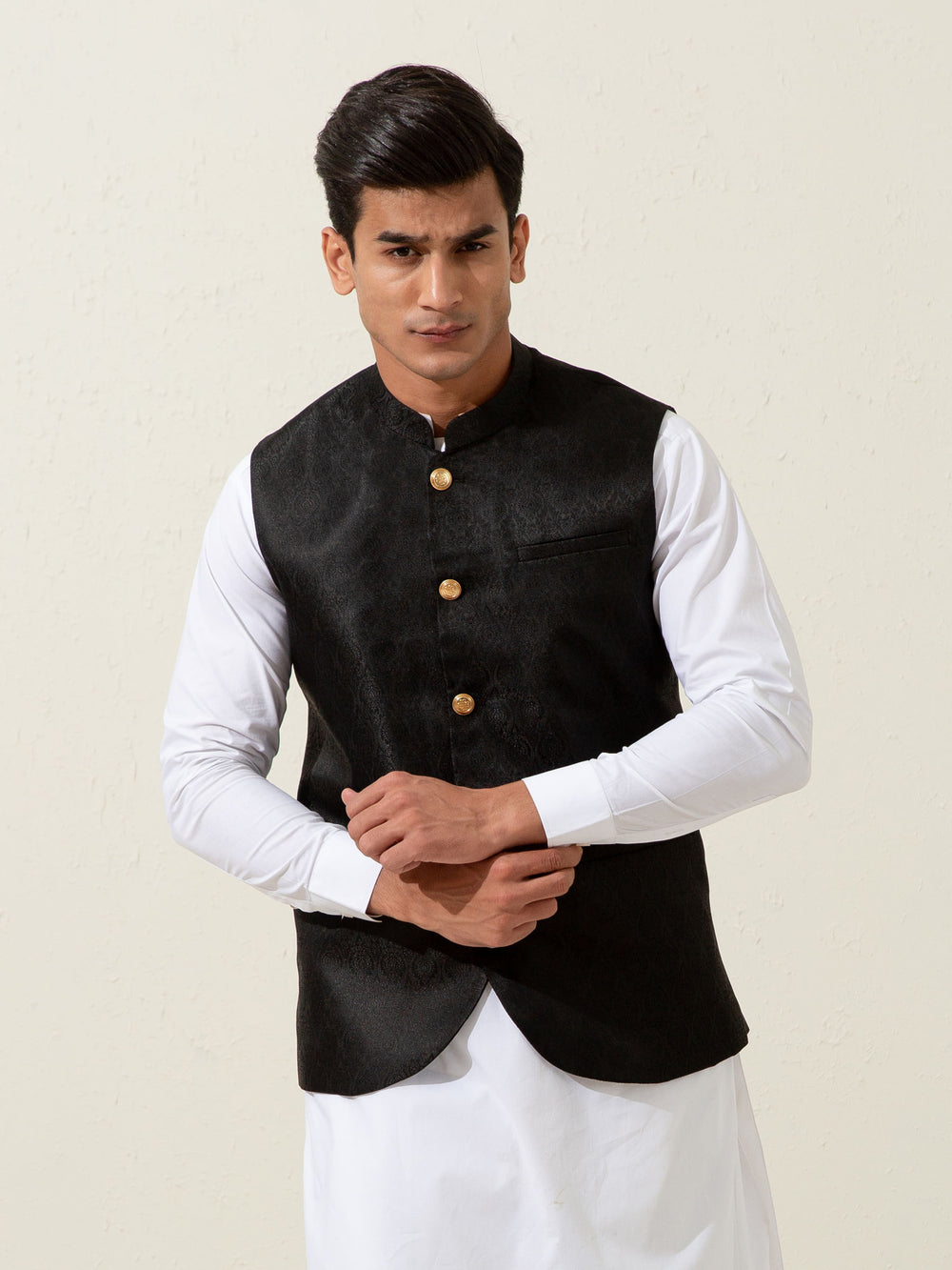 Black floral patterned waistcoat brumano pakistan