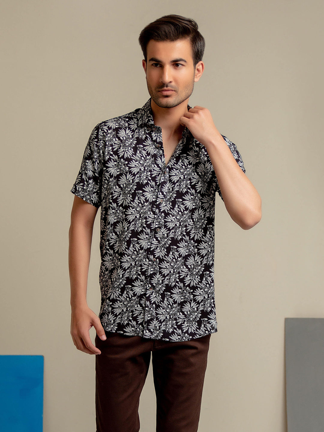 Black Floral Printed Half Sleeve Shirt Brumano Pakistan