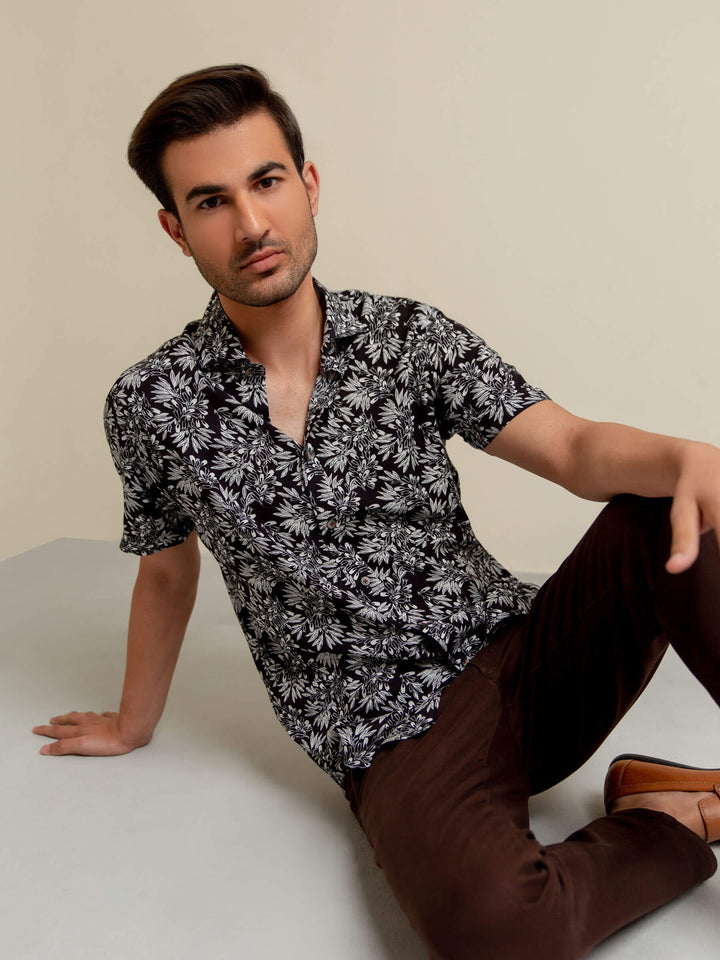 Black Floral Printed Half Sleeve Shirt Brumano Pakistan