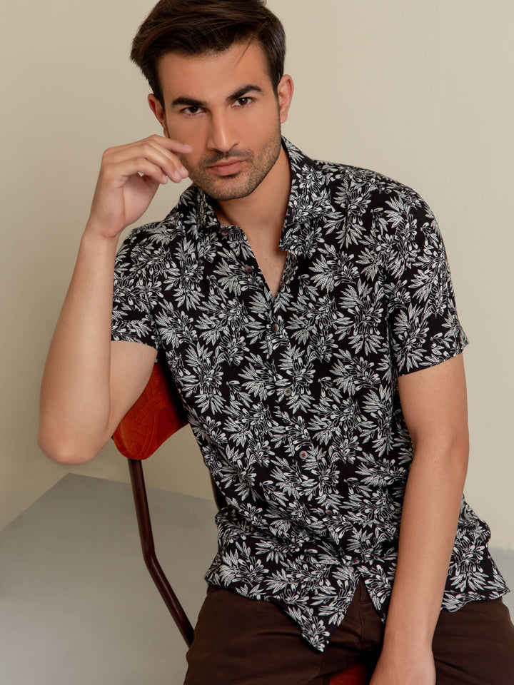 Black Floral Printed Half Sleeve Shirt Brumano Pakistan
