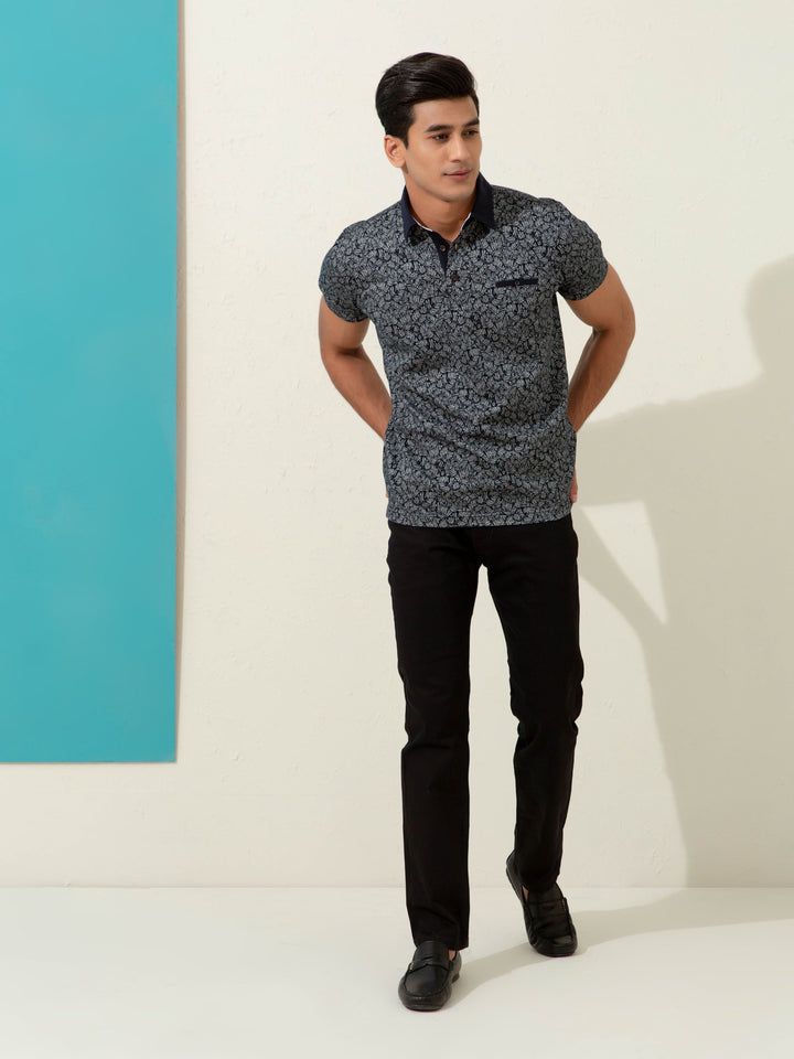 Black Floral Printed Polo Shirt Brumano Pakistan