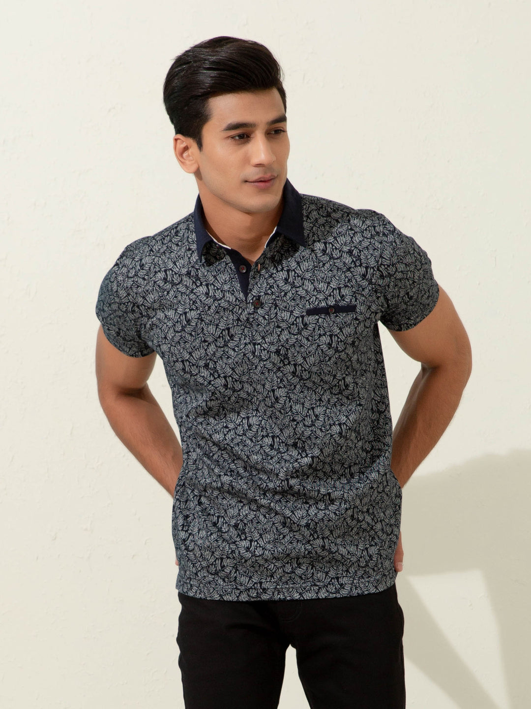 Black Floral Printed Polo Shirt Brumano Pakistan
