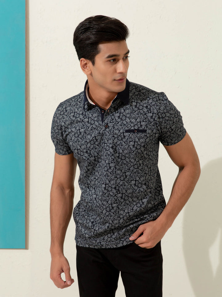 Black Floral Printed Polo Shirt Brumano Pakistan