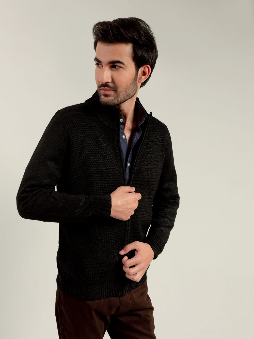 Black Knitted Textured Zipper