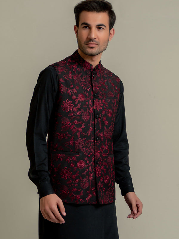 Black & Maroon Embroidered Sartoria Waistcoat Brumano Pakistan