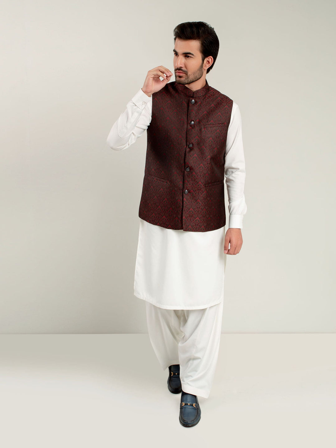 Black & Maroon Jacquard Waistcoat Brumano Pakistan
