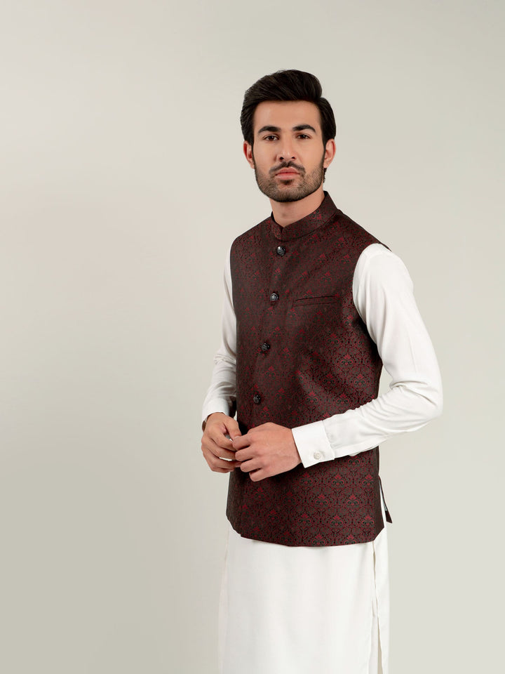 Black & Maroon Jacquard Waistcoat Brumano Pakistan