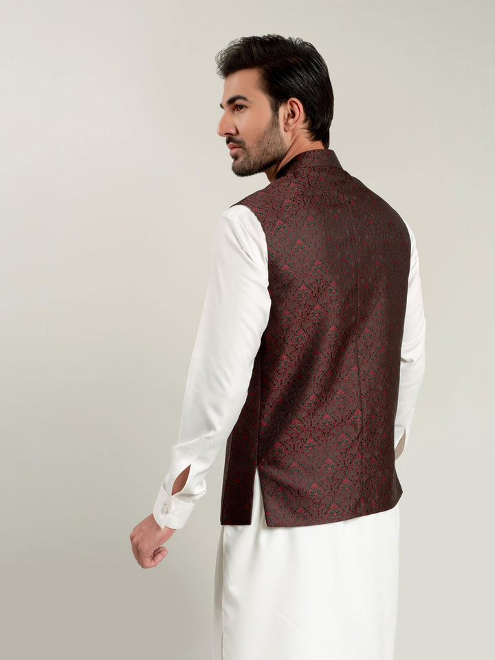 Black & Maroon Jacquard Waistcoat Brumano Pakistan