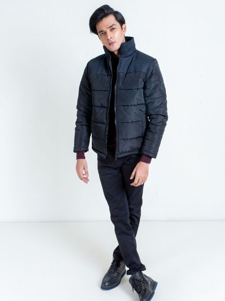 Black Puffer Jacket With Contrasting Yoke Brumano Pakistan
