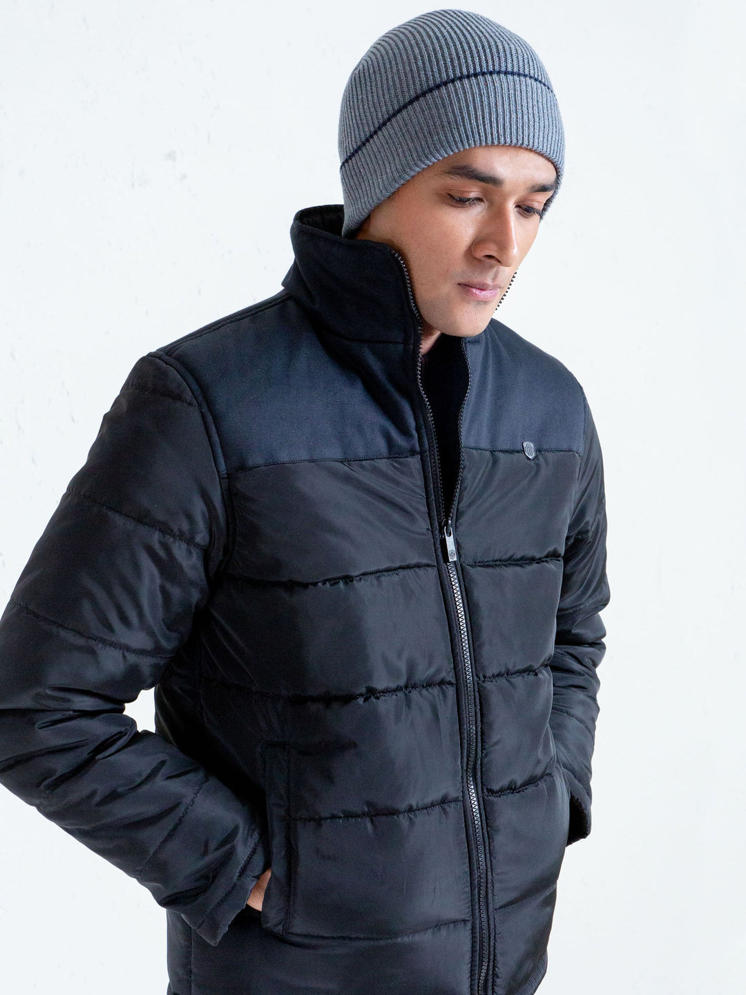 Black Puffer Jacket With Contrasting Yoke Brumano Pakistan