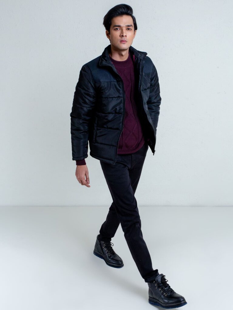 Black Puffer Jacket With Contrasting Yoke Brumano Pakistan