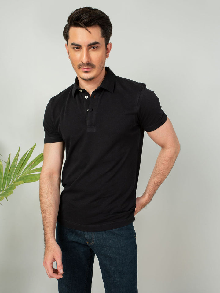 Black Self Collar Pique Polo Brumano Pakistan
