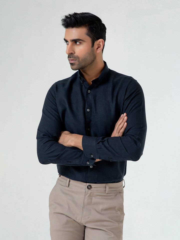 Black 100% Linen Button Down Shirt Brumano Pakistan