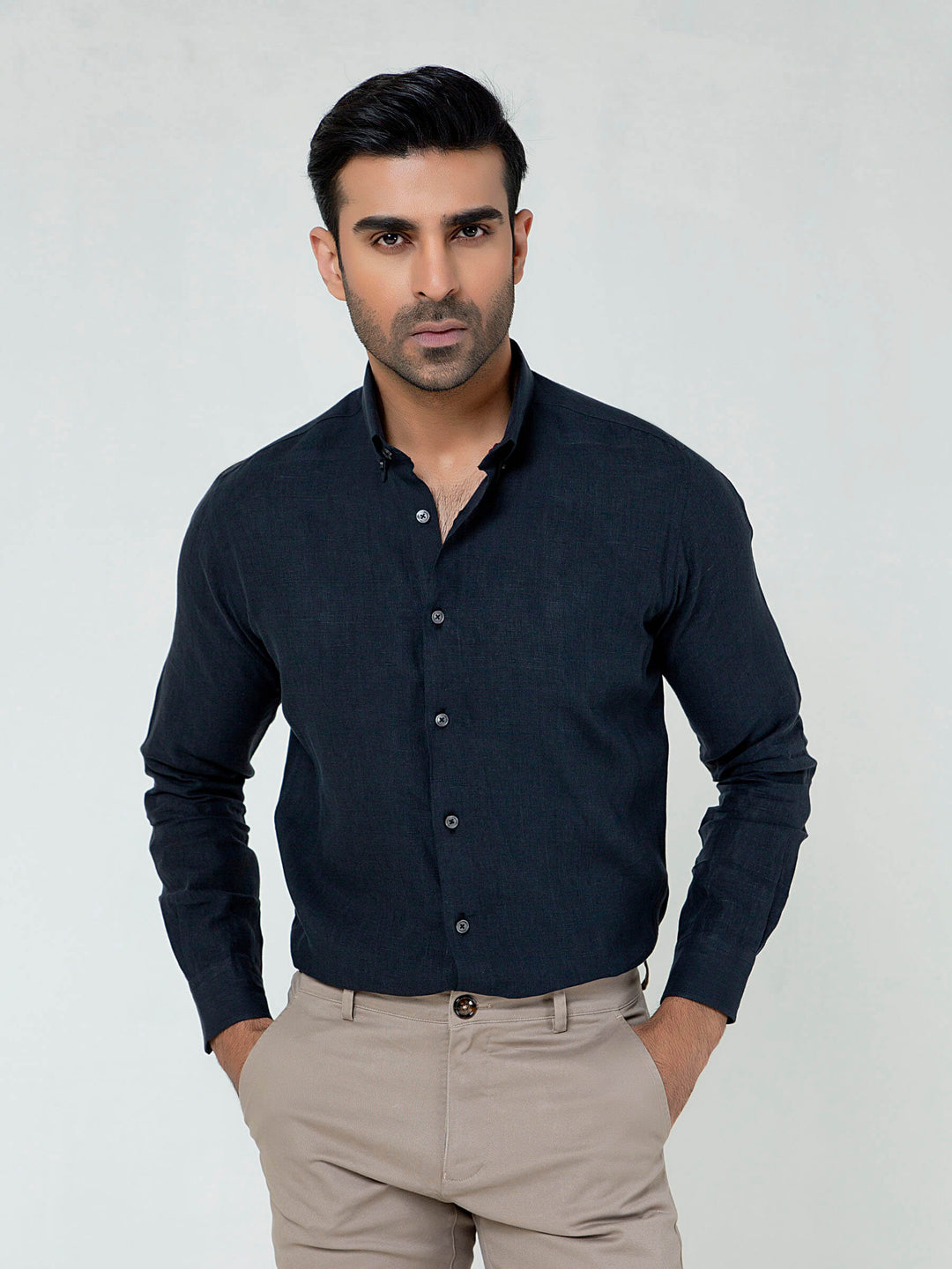 Black 100% Linen Button Down Shirt Brumano Pakistan