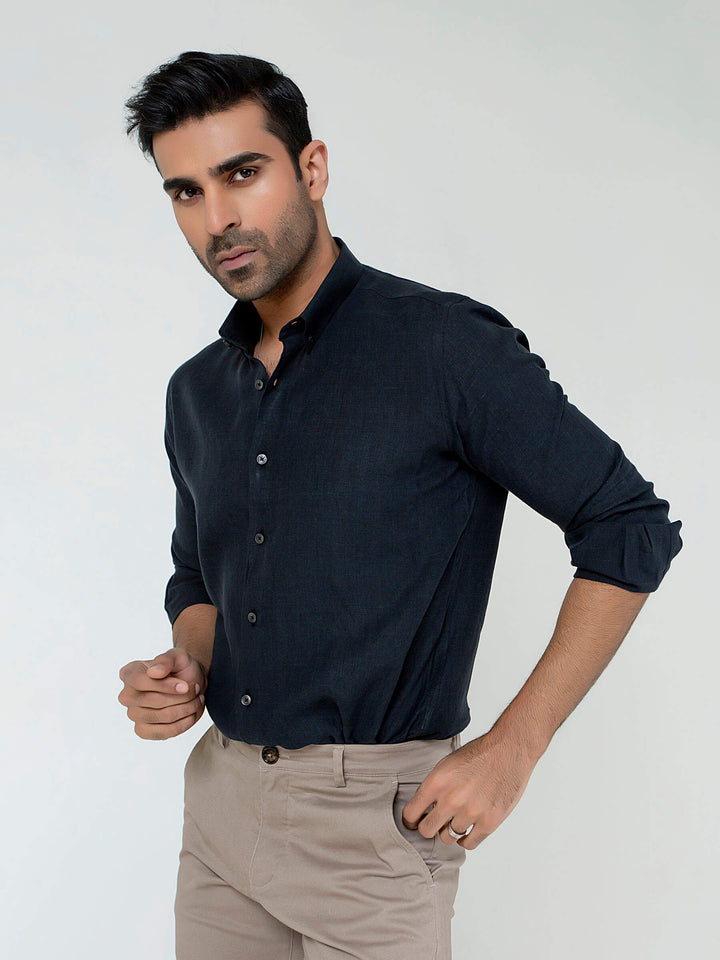 Black 100% Linen Button Down Shirt Brumano Pakistan