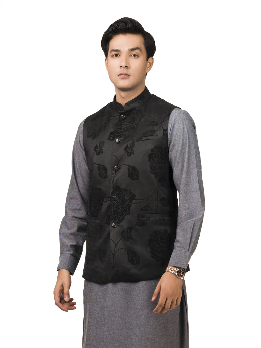 Black bold floral waistcoat brumano pakistan