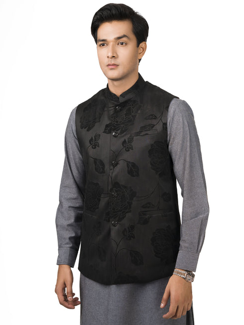 Black Bold Floral Waistcoat Brumano Pakistan