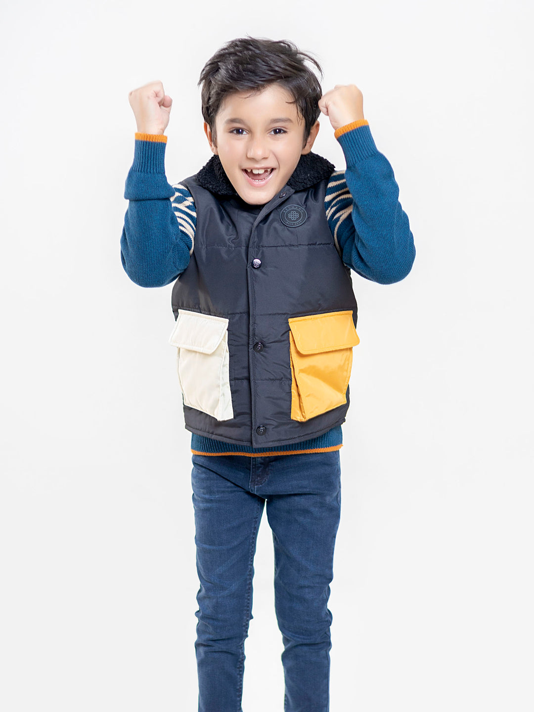 Black Casual Sleeveless Jacket With Sherpa Collar Brumano Pakistan