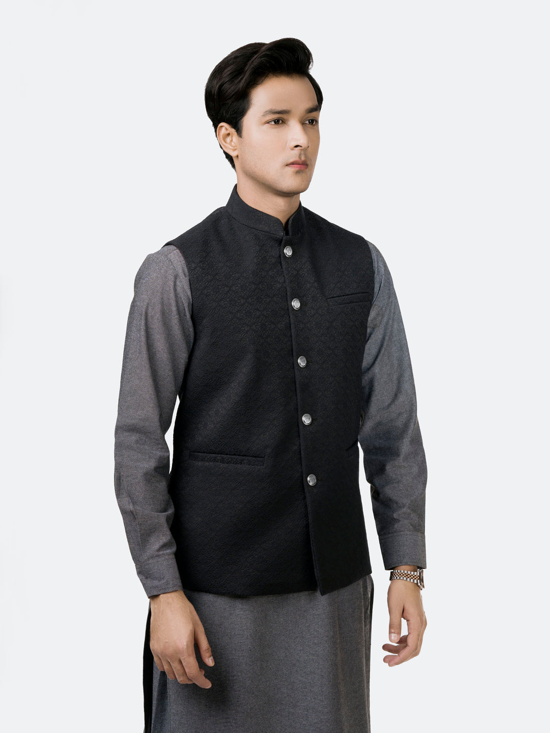 Black Embossed Floral Pattern Waistcoat Brumano Pakistan