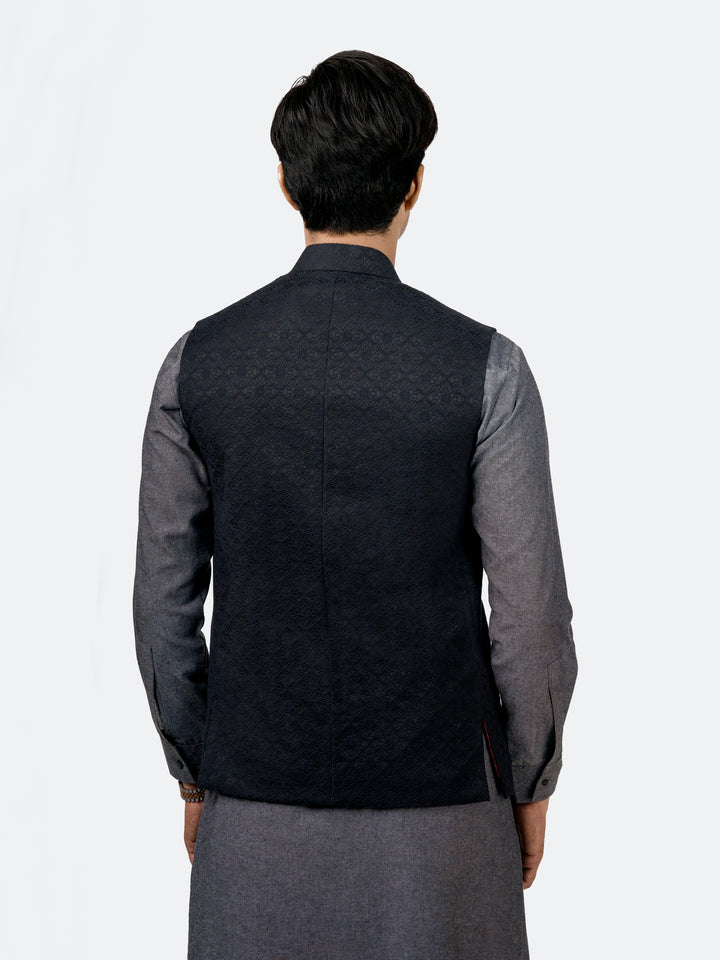 Black Embossed Floral Pattern Waistcoat Brumano Pakistan