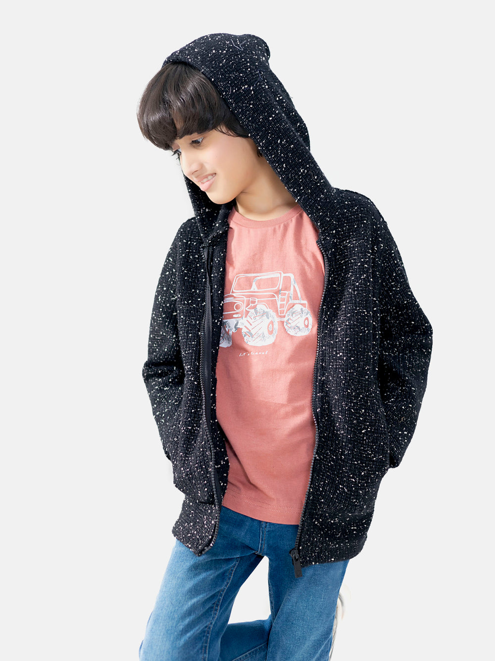 Black Neppy Zipper Hoodie Sweater